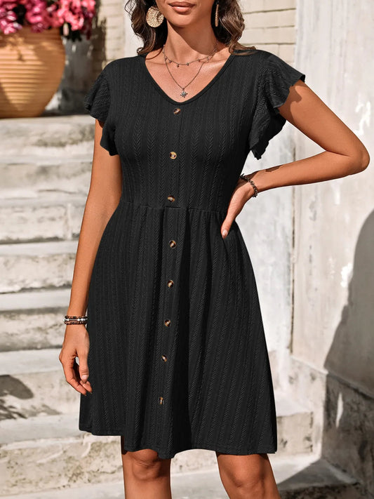 Marina - Robe élégante à manches longues avec volants et col en V boutonné