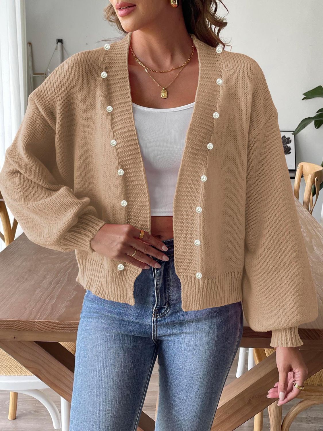 Kenna - Cardigan élégant à manches longues avec perles et devant ouvert
