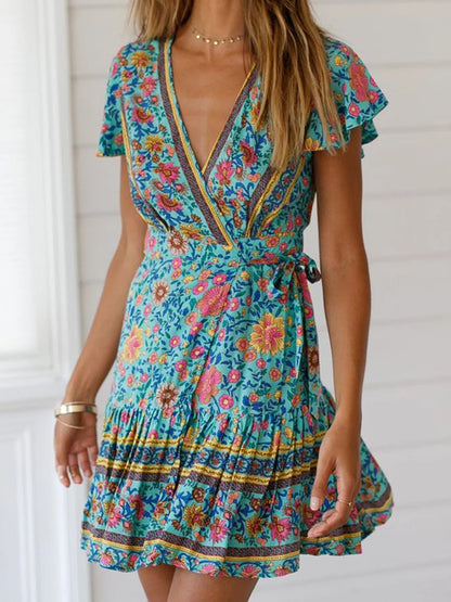 Heidilyn - Robe courte décontractée à manches évasées et imprimé floral