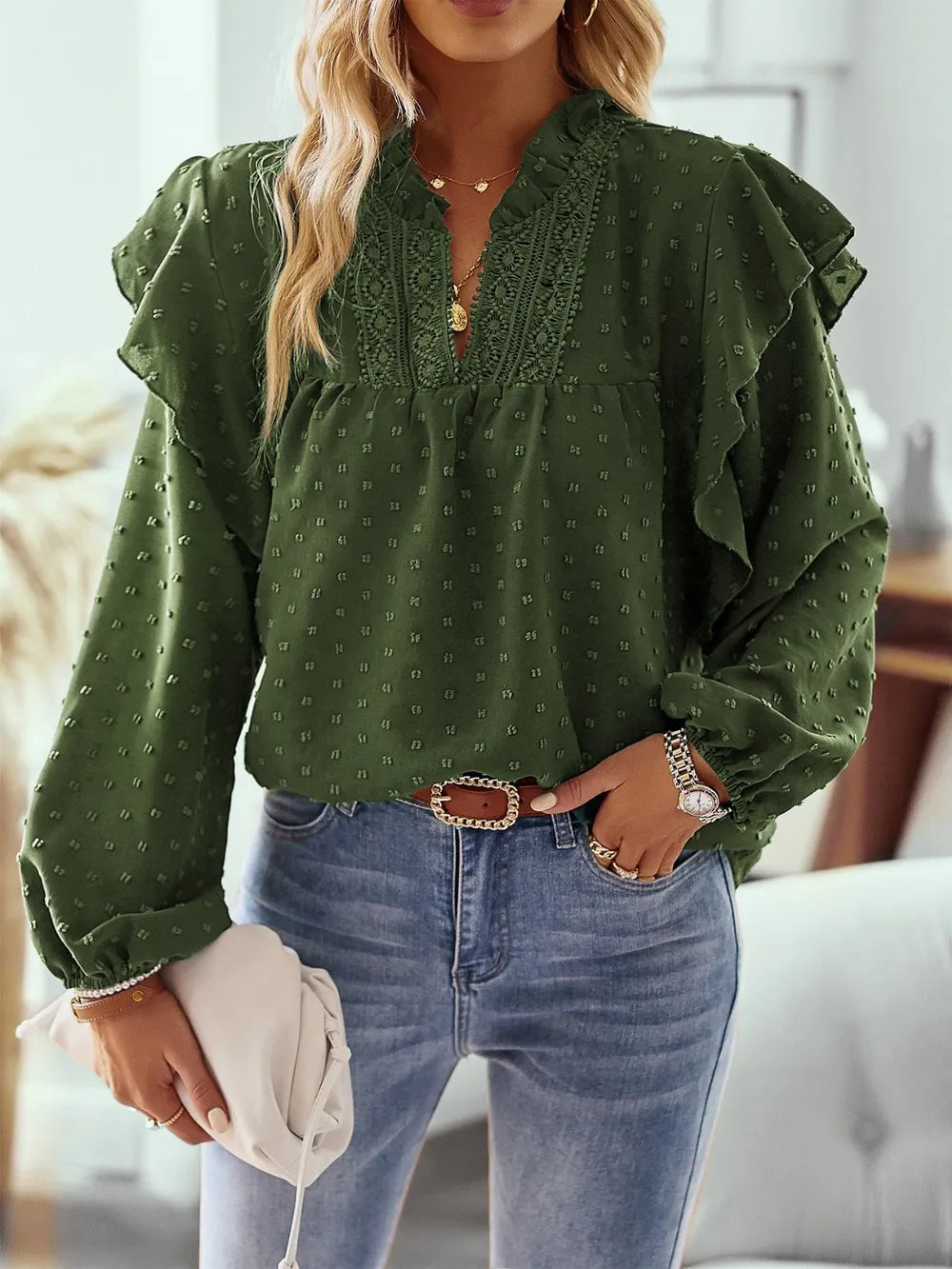 Alyana - Élégante blouse à manches longues avec volants et pois suisses