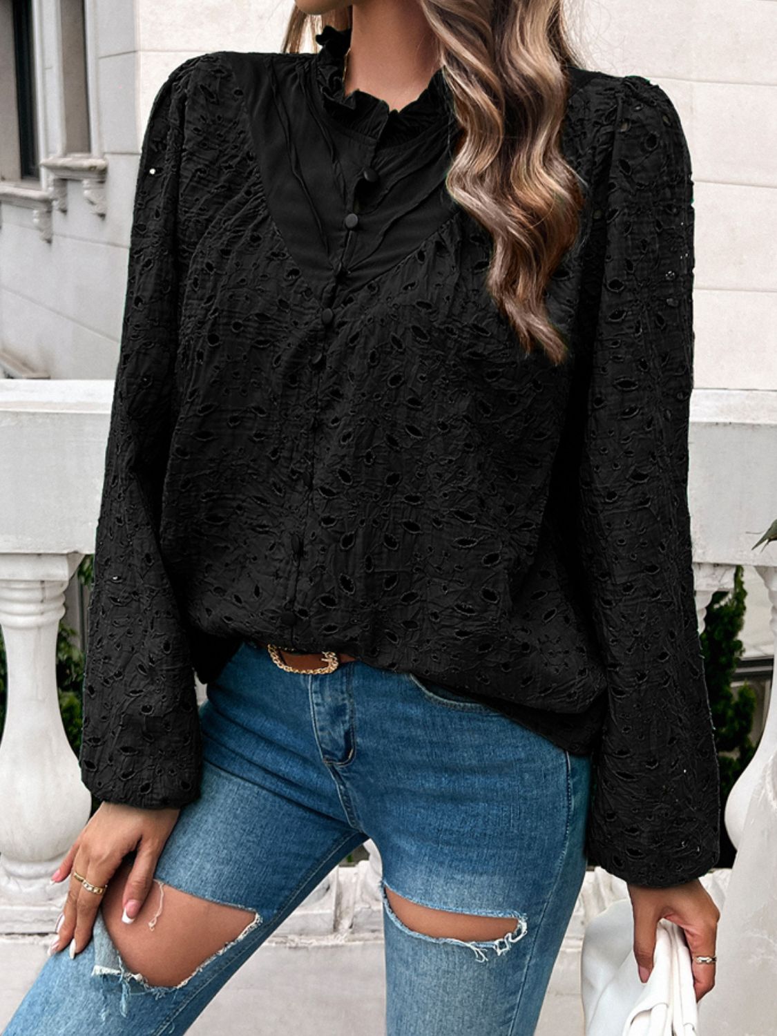 Faye - Blouse élégante à manches longues avec col rond et volants