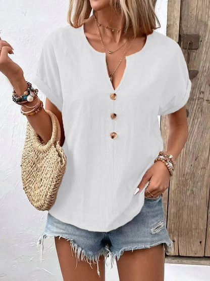 Vexana - Blouse casual à manches courtes avec col fendu et boutons