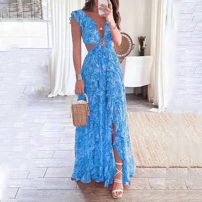 Aira - Robe longue d’été à col en V profond et fente florale