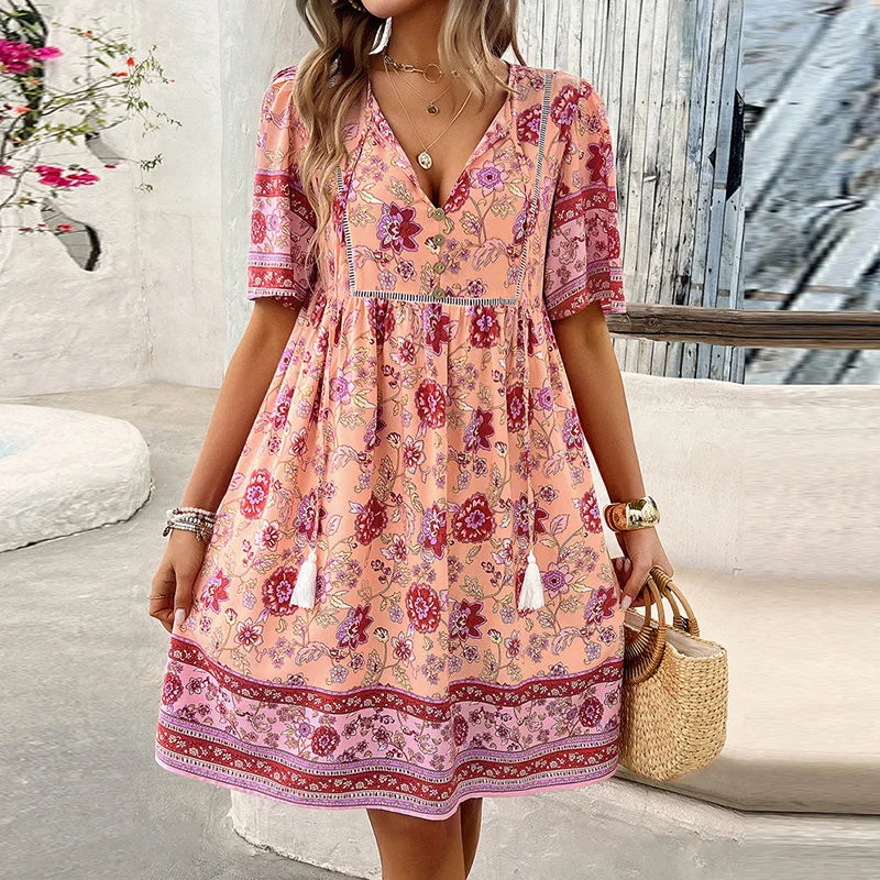 Albina - Robe col V manches courtes