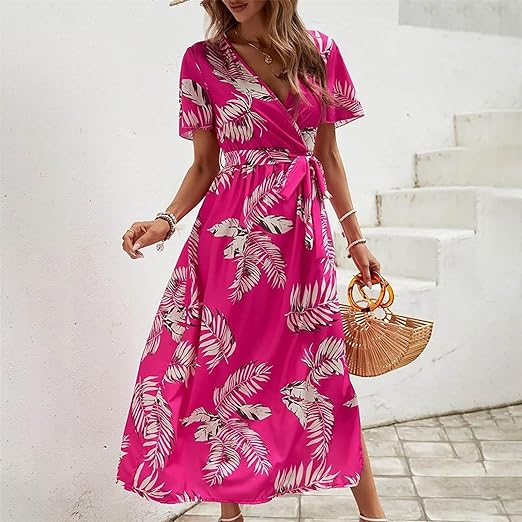 Clara - Robe ceinturée taille haute à imprimé tropical