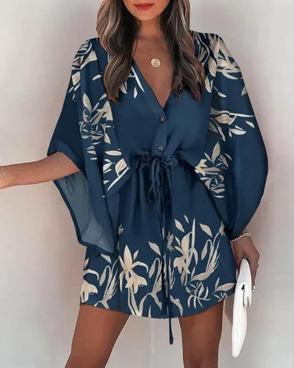 Adeliza - Robe imprimée à col V et manches chauve-souris