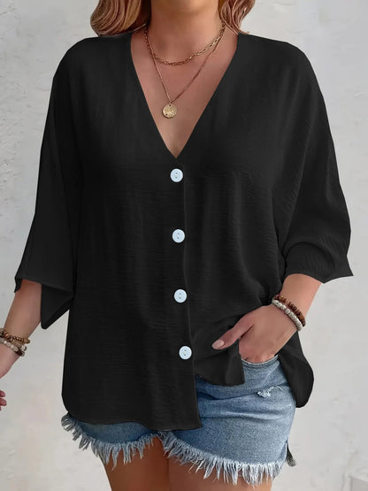 Amirah - Blouse décontractée à demi-manches, col en V et boutons