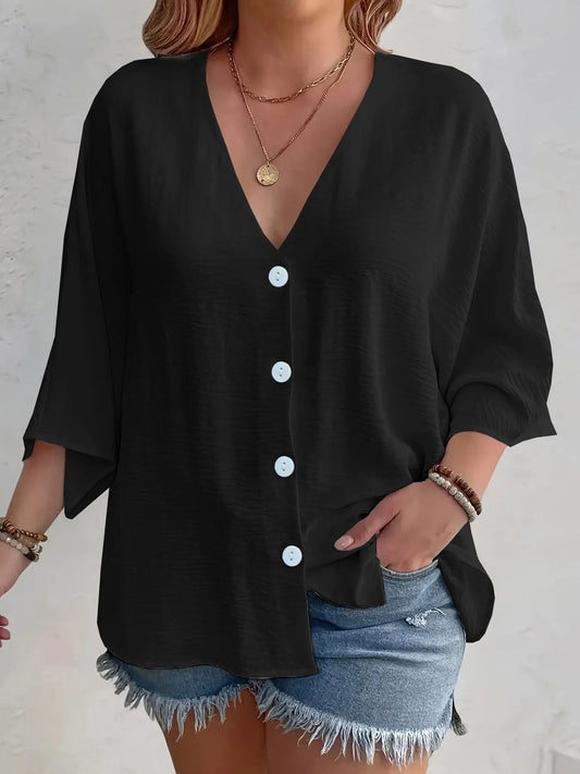 Amirah - Blouse décontractée à demi-manches, col en V et boutons