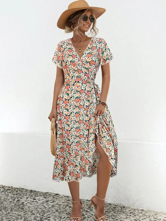 Lucille - Robe de type A-line avec motif floral et col en V