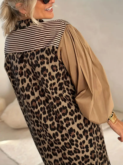Agnes - Robe longue élégante à imprimé léopard et à rayures