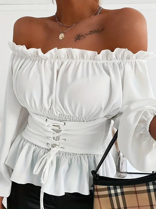 Imelda - Élégante blouse à manches longues avec volants et épaules dénudées