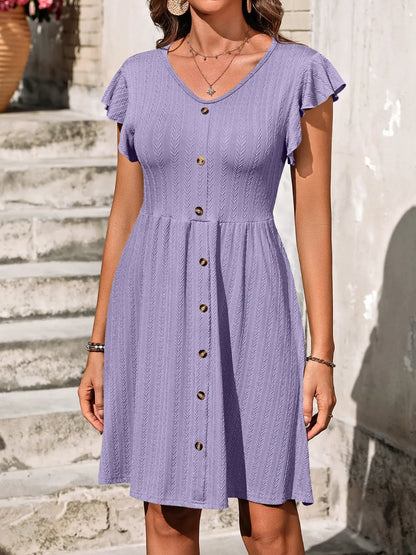 Marina - Robe élégante à manches longues avec volants et col en V boutonné