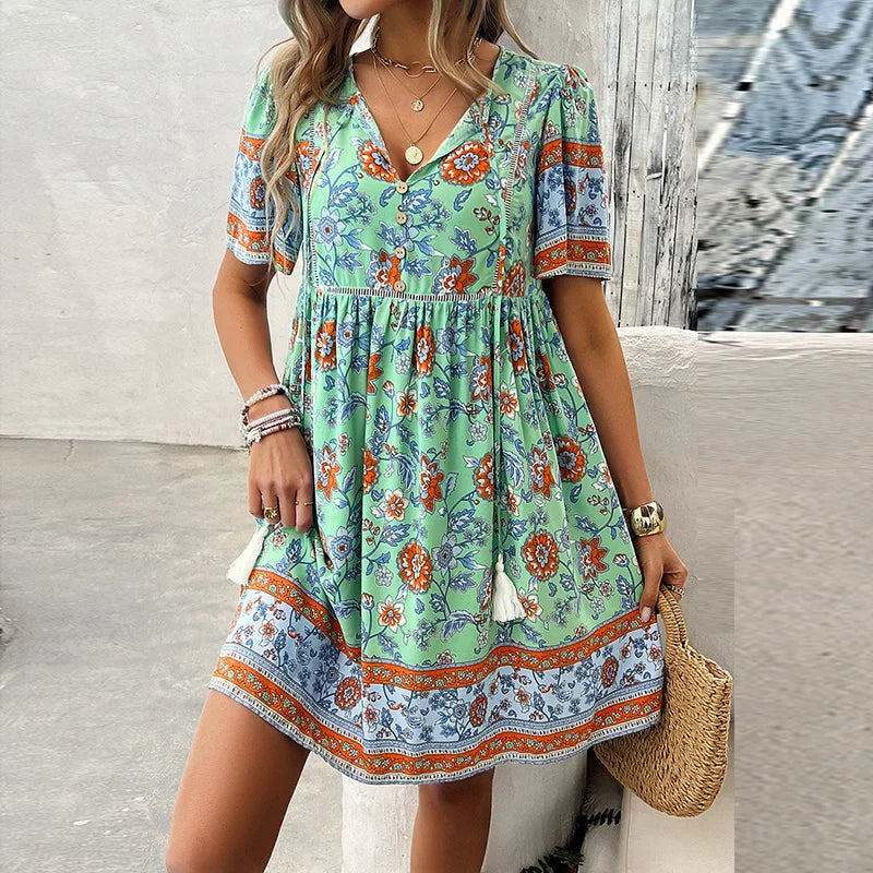 Albina - Robe col V manches courtes