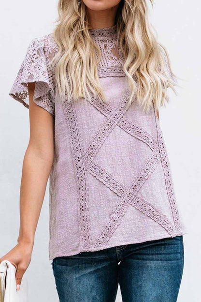 Laila - Blouse chic en dentelle géométrique à manches courtes