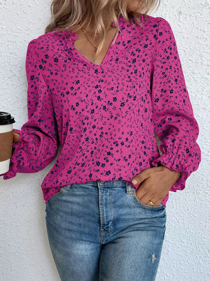 Valeria - Blouse élégante fleurie à manches longues, volants et col à encoche