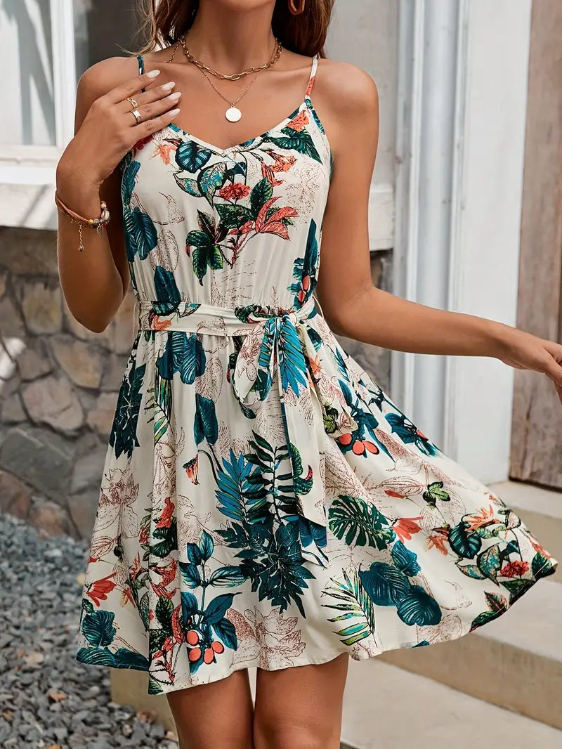 Alva - Robe à bretelles spaghetti et col en V à imprimé floral pour femme