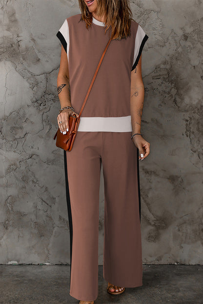 Krissy - Ensemble élégant top et pantalon ample avec col rond contrasté