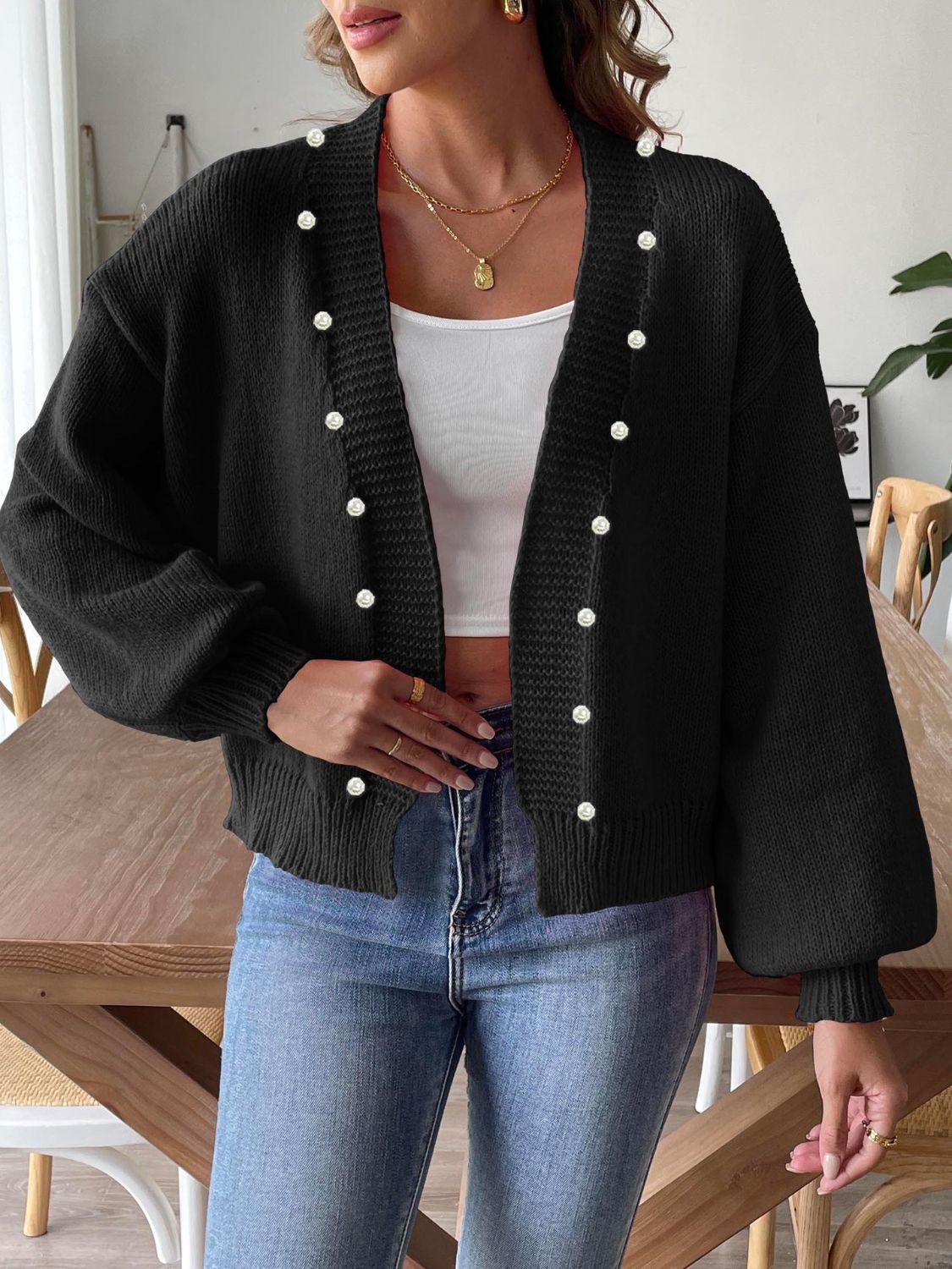Kenna - Cardigan élégant à manches longues avec perles et devant ouvert