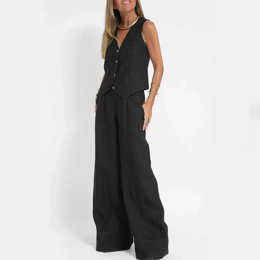 Hilda - Ensemble élégant de pantalon à jambe large en coton et lin