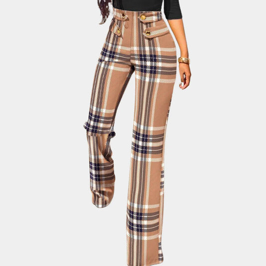 Rosie - Pantalon évasé boutonné à carreaux taille haute pour femme