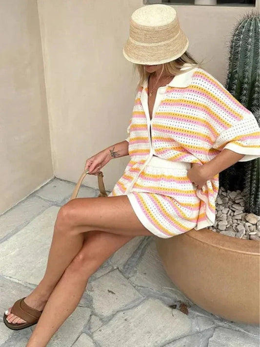 Celia - 2-ensemble en tricot à rayures contrastées pour femme