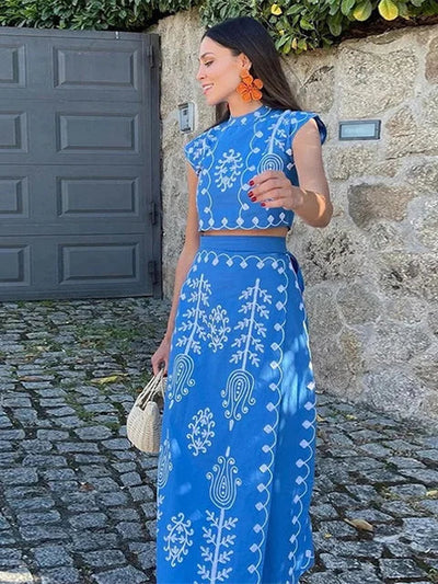 Catalina - Top à manches courtes avec ceinture taille haute Ensemble jupe longue