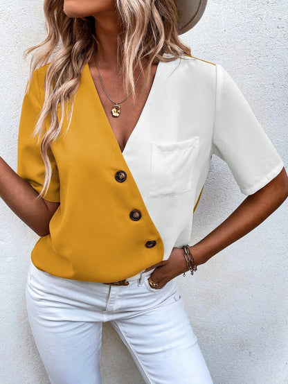 Lean - Blouse élégante à manches courtes, col en V et blocs de couleur