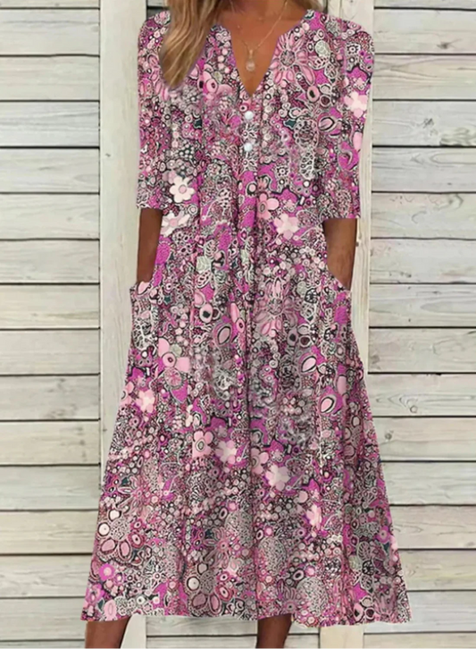 Edith - Robe longue à manches courtes et col en V