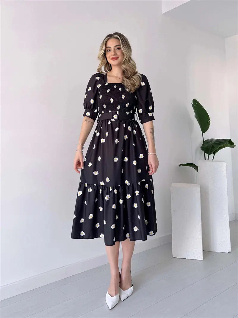 Catherine - Robe florale féminine à manches bouffantes