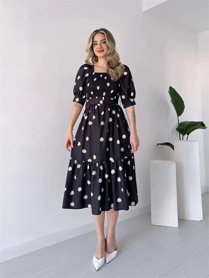 Catherine - Robe florale féminine à manches bouffantes