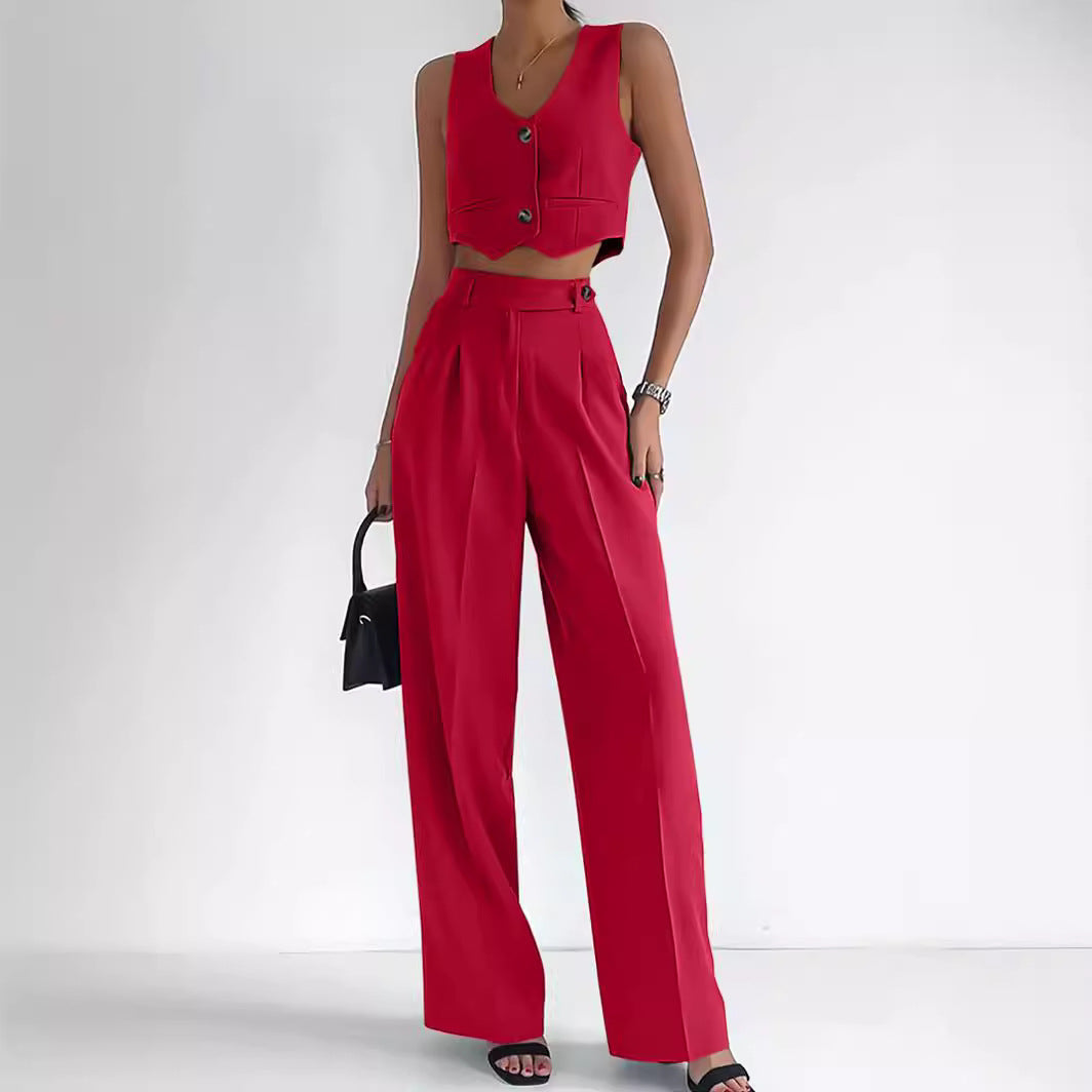 Marella - Ensemble élégant de gilet court à col en V avec boutons et pantalon taille haute