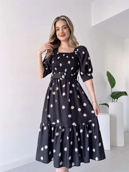 Catherine - Robe florale féminine à manches bouffantes