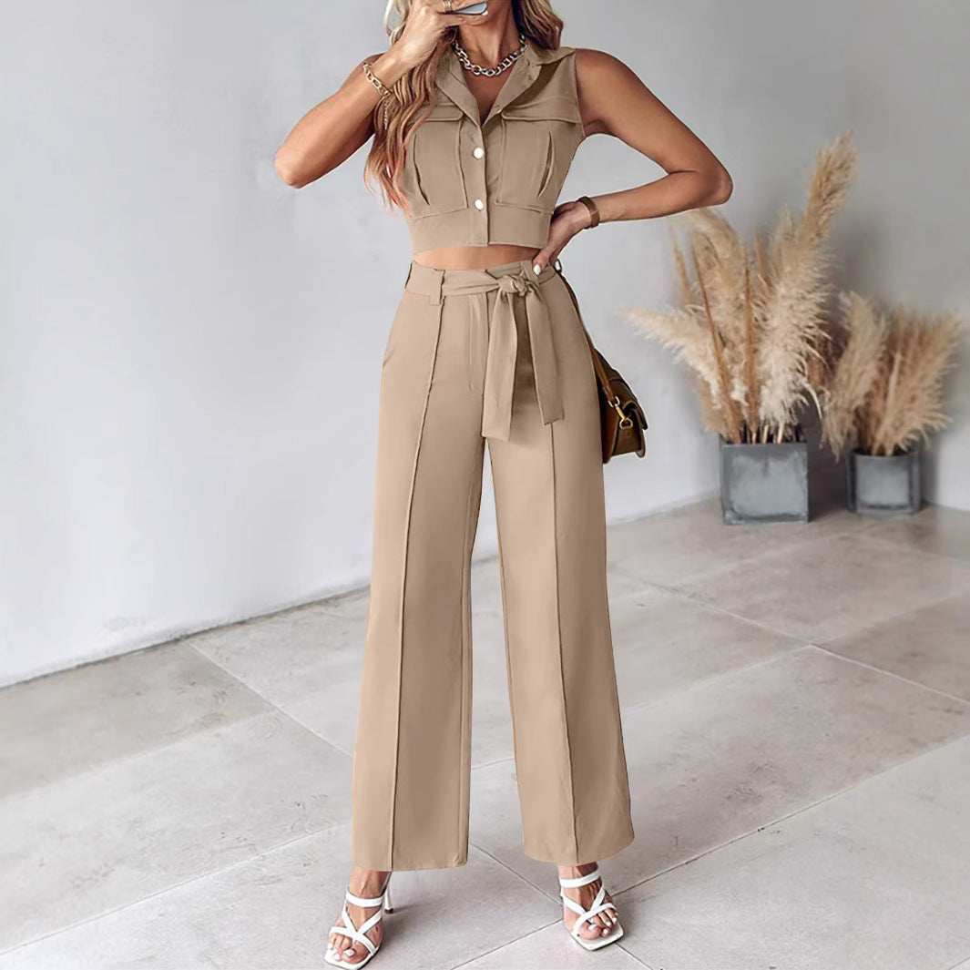 Lourdes - Haut sans manches élégant et pantalon large avec ceinture à la taille