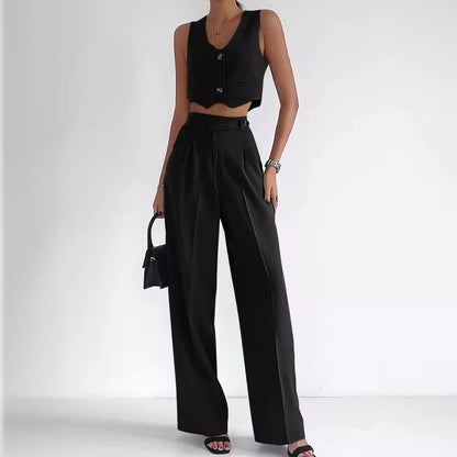 Marella - Ensemble élégant de gilet court à col en V avec boutons et pantalon taille haute