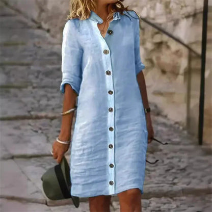 Elvera - Robe chemise en coton et lin à manches mi-longues