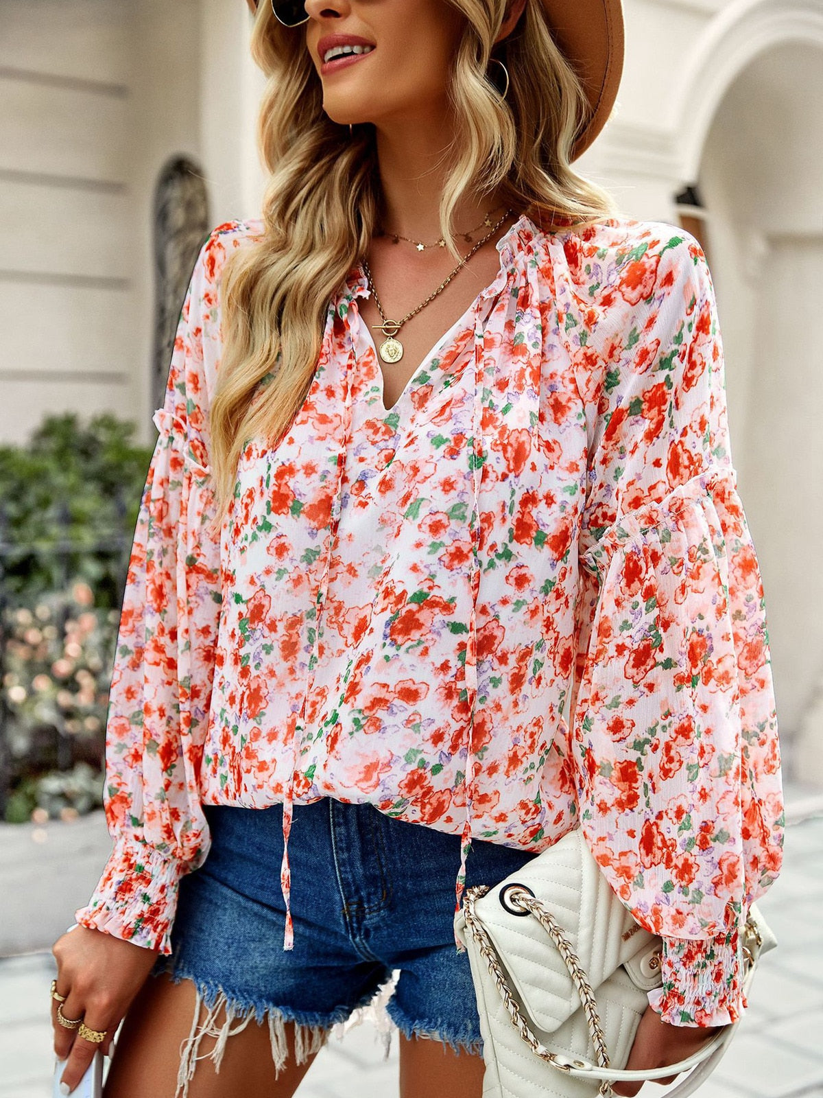 Jonalyn - Élégante blouse à manches longues à imprimé floral