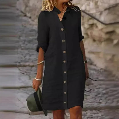 Elvera - Robe chemise en coton et lin à manches mi-longues