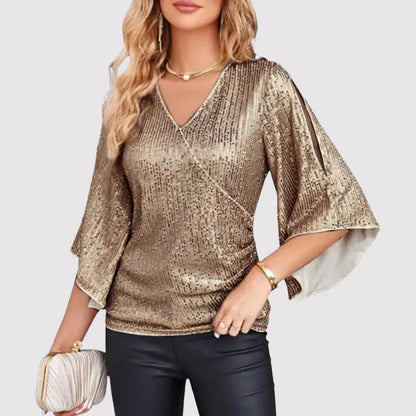 Susan - Haut élégant à paillettes avec col en V et manches cloches