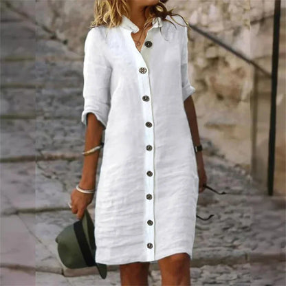 Elvera - Robe chemise en coton et lin à manches mi-longues