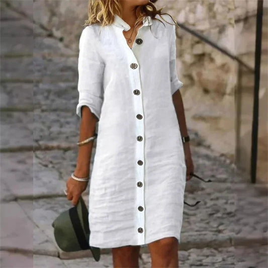 Elvera - Robe chemise en coton et lin à manches mi-longues