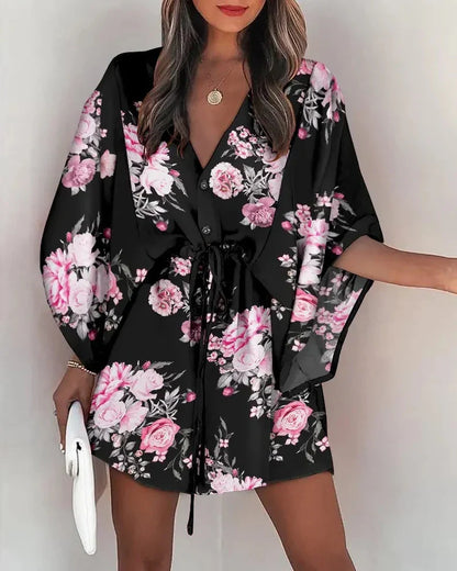 Adeliza - Robe imprimée à col V et manches chauve-souris