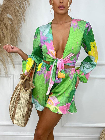 Nancy - Ensemble estival stylé avec top et short à rubans colorés
