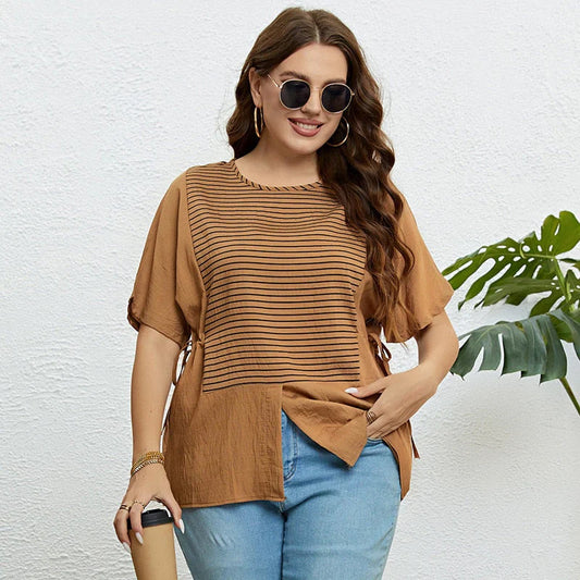 Aubrey - T-shirt à col rond à rayures et patchwork pour femme