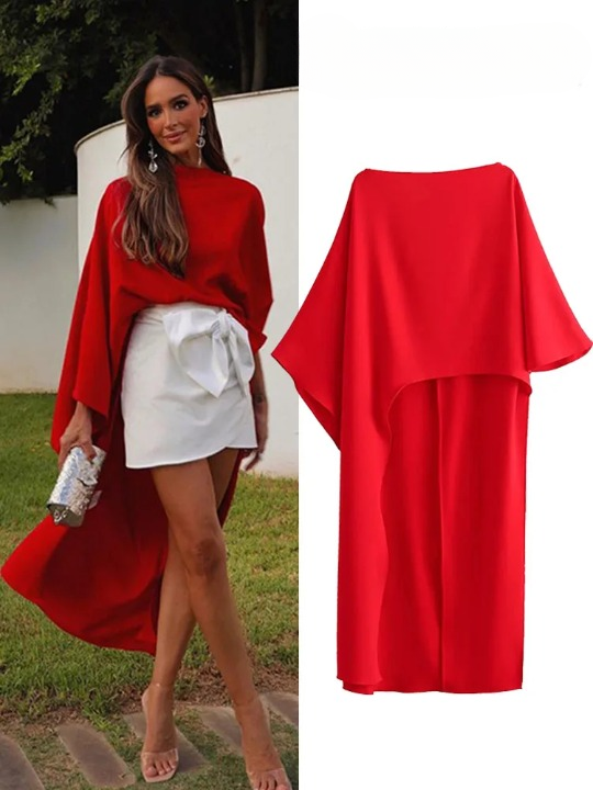 Uma | Chemisier rouge en satin avec style cape asymétrique