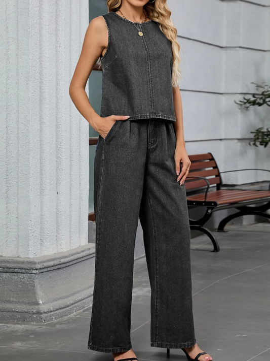 Chantel - Ensemble denim avec débardeur à col rond et pantalon en jean