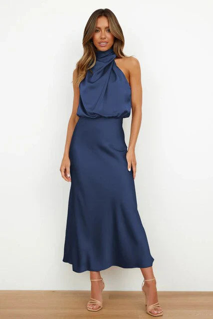Margot - Robe longue élégante en satin sans manches avec col roulé