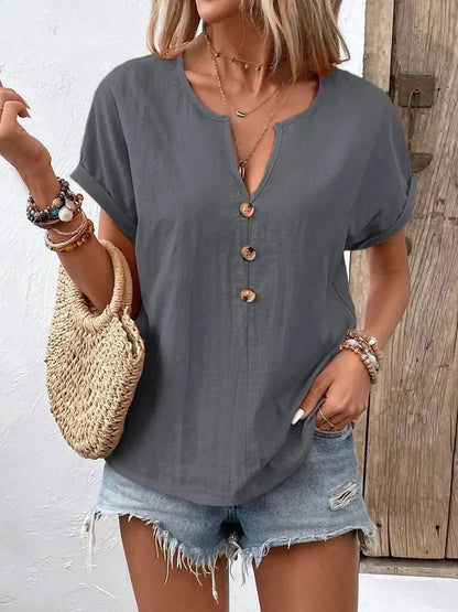 Vexana - Blouse casual à manches courtes avec col fendu et boutons