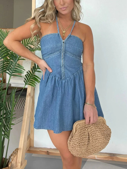 Rowena - Robe en jean décontractée à col halter et laçage