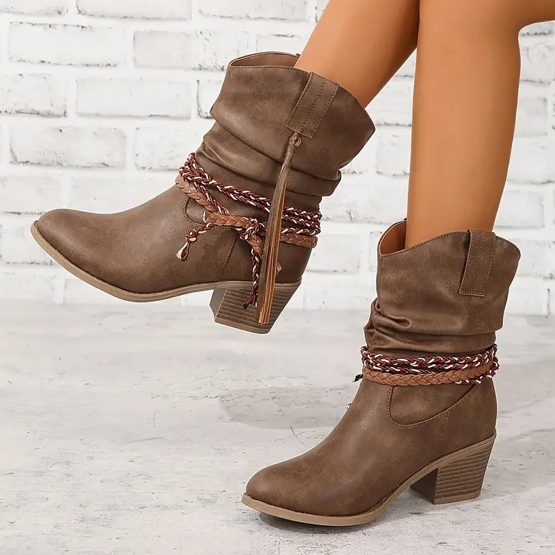 Bottes Hautes pour Femmes, Bottes Rétro Pliées à Talons Hauts, Bout Bottes Hautes pour Femmes, Bottes Rétro Pliées à Talons Hauts, Bout