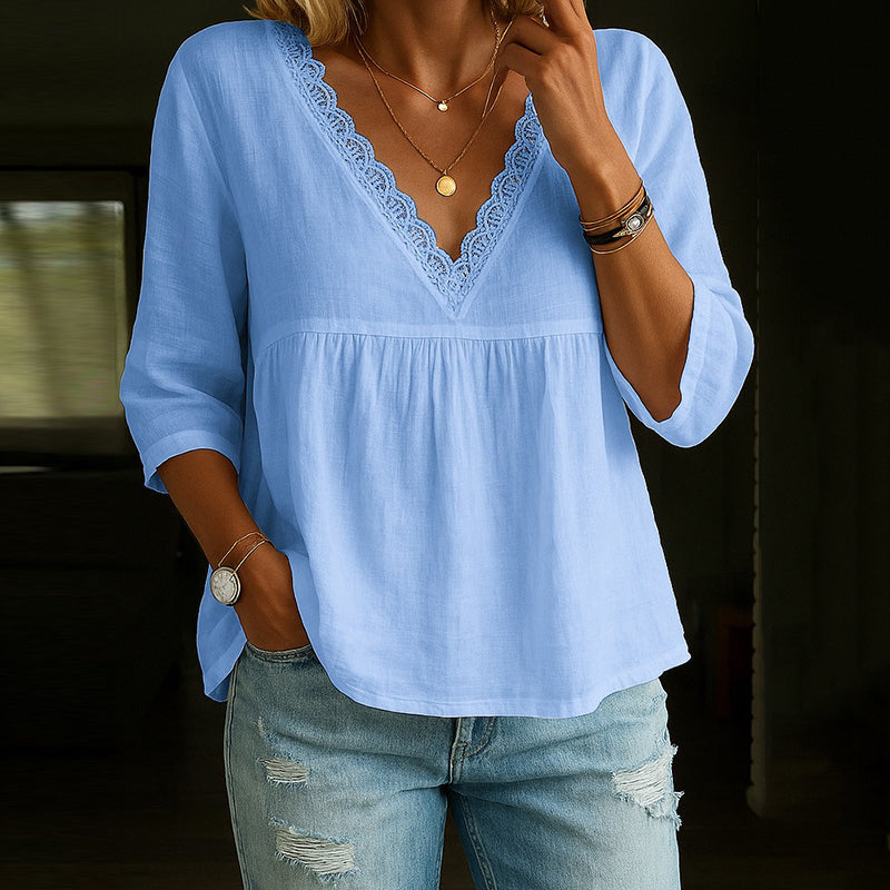 Angel - Blouse élégante en dentelle à col en V et manches 3/4